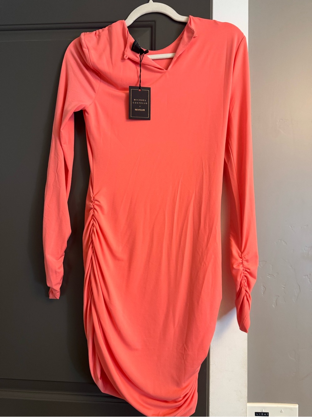 Michael Costello Coral-Peach Long Sleeve Ruched Side Dress